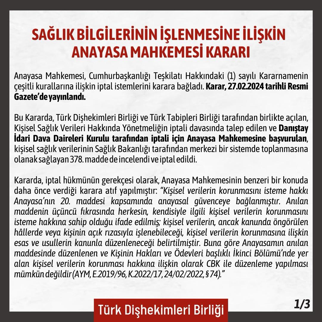 SAĞLIK BİLGİLERİNİN İŞLENMESİNE İLİŞKİN ANAYASA MAHKEMESİ KARARI